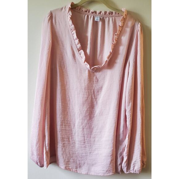 Old Navy Womans Top Soft Pink Ruffle V Neck Long Sleeve Tunic Size M Tall - Picture 1 of 9